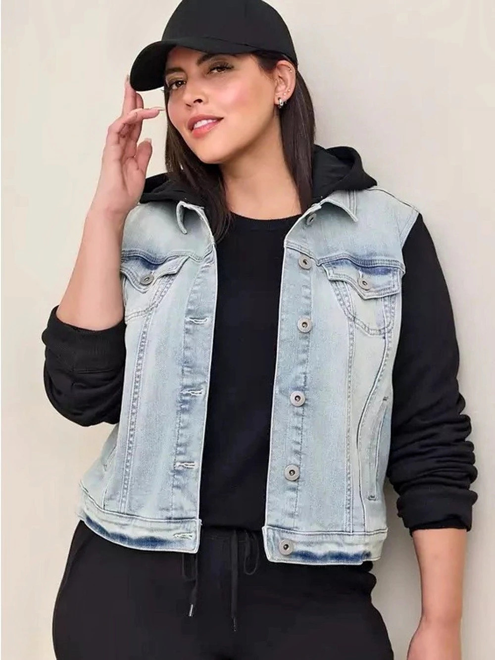 Torrid Denim Knit Sleeve Hooded
Trucker Jacket